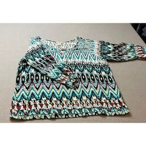Ariat Blouse Ikat Geometric Print Turquoise L Casual Rayon Tiered Ruffle Hem